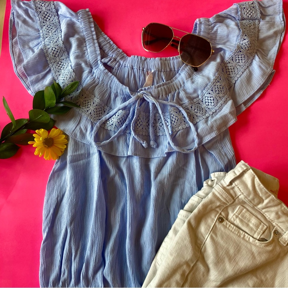 No Boundaries Blue Flutter Sleeve Blouse with Ruffled Tie Front